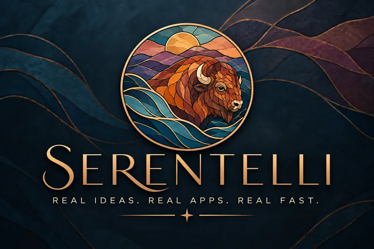 Serentelli: a stained-glass buffalo in a circle, with the words Real ideas. Real apps. Real fast.